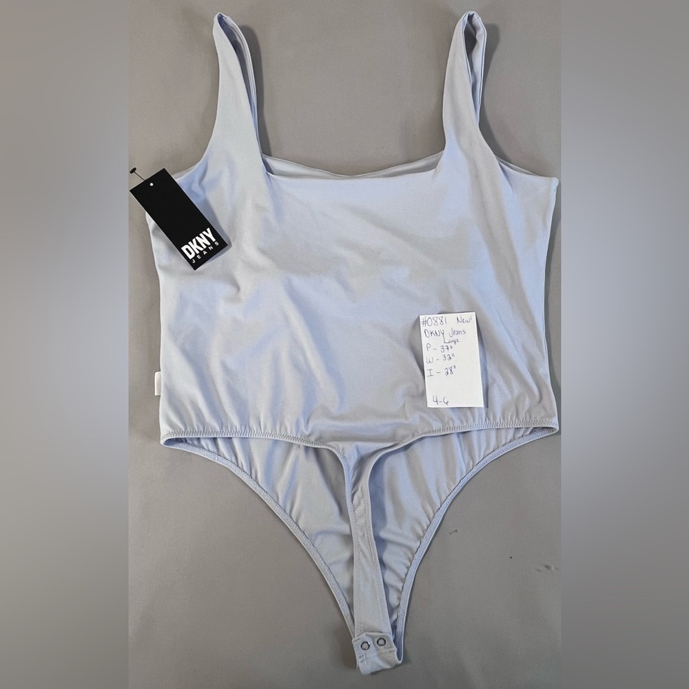 DKNY Jeans Frost Blu Sleeveless Squared Neck Nylon Thong back Bodysuit-NWT Large - Picture 10 of 10